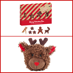 Dog Meaty Selection Treat Gift Box. Plus Squeaky Reindeer Toy.