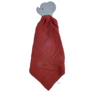 Inside Out Toys-Tikiri- Elephant Organic Cotton Comforter in Barn Red with Natural Rubber Teether