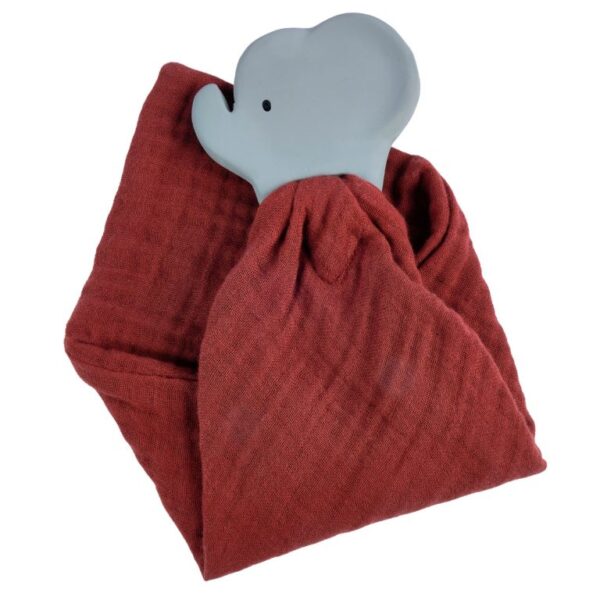 Inside Out Toys-Tikiri- Elephant Organic Cotton Comforter in Barn Red with Natural Rubber Teether